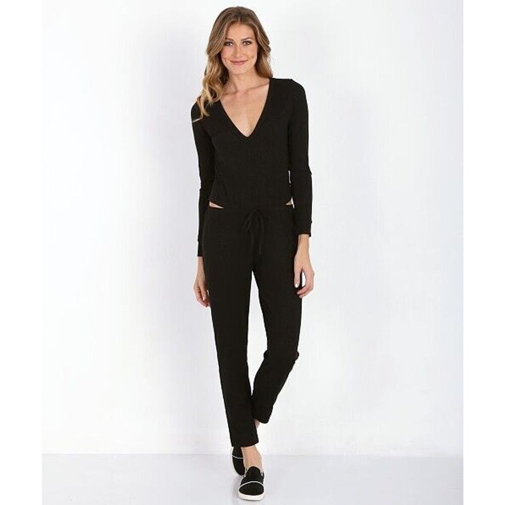 LNA Women's Black‎ Ribbed V Neck Long Sleeve Side Cut Outs Jumpsuit Size XS